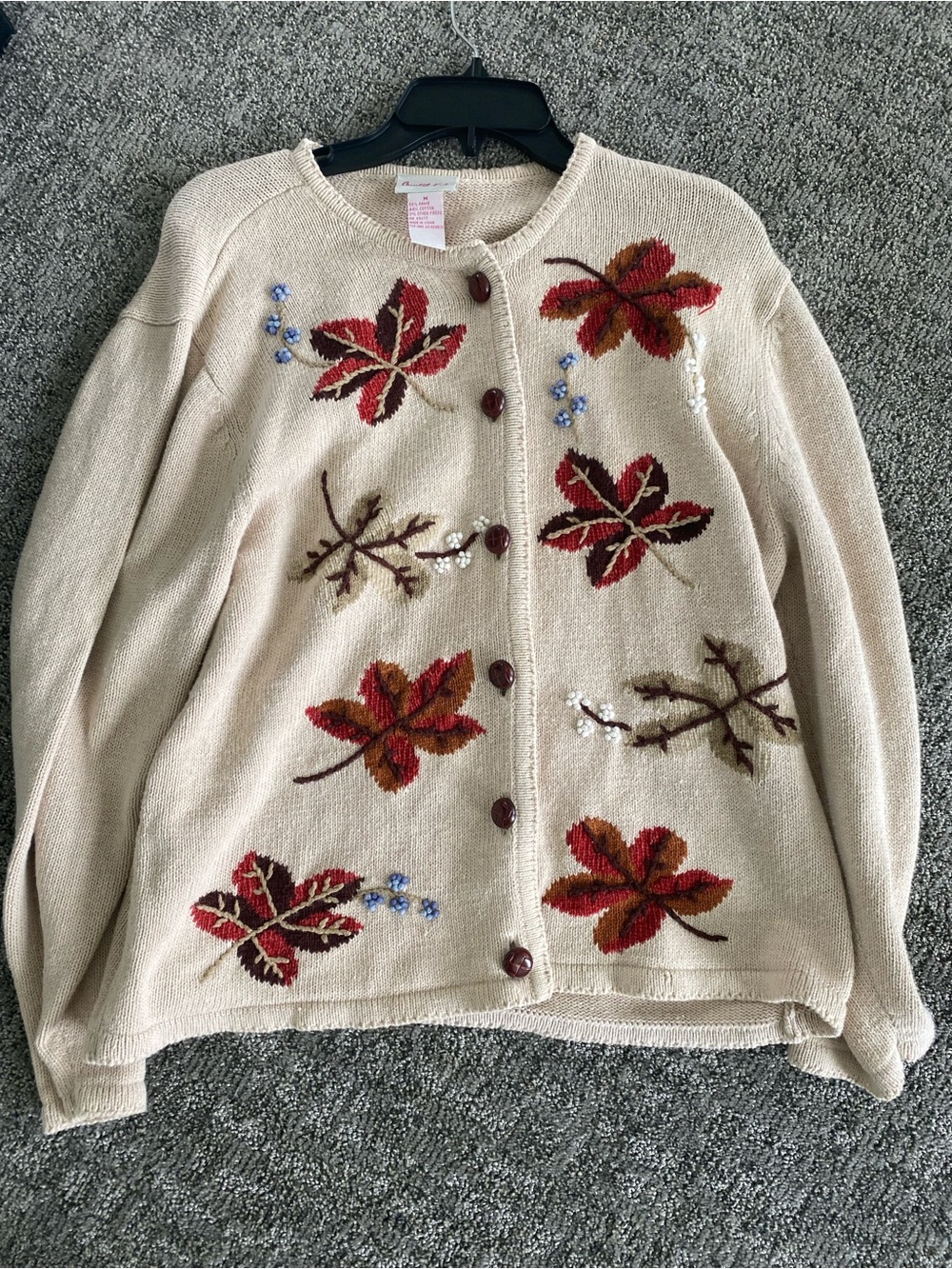 Beige Button-Up Sweater Cardigan with Red Leaf Embroidery